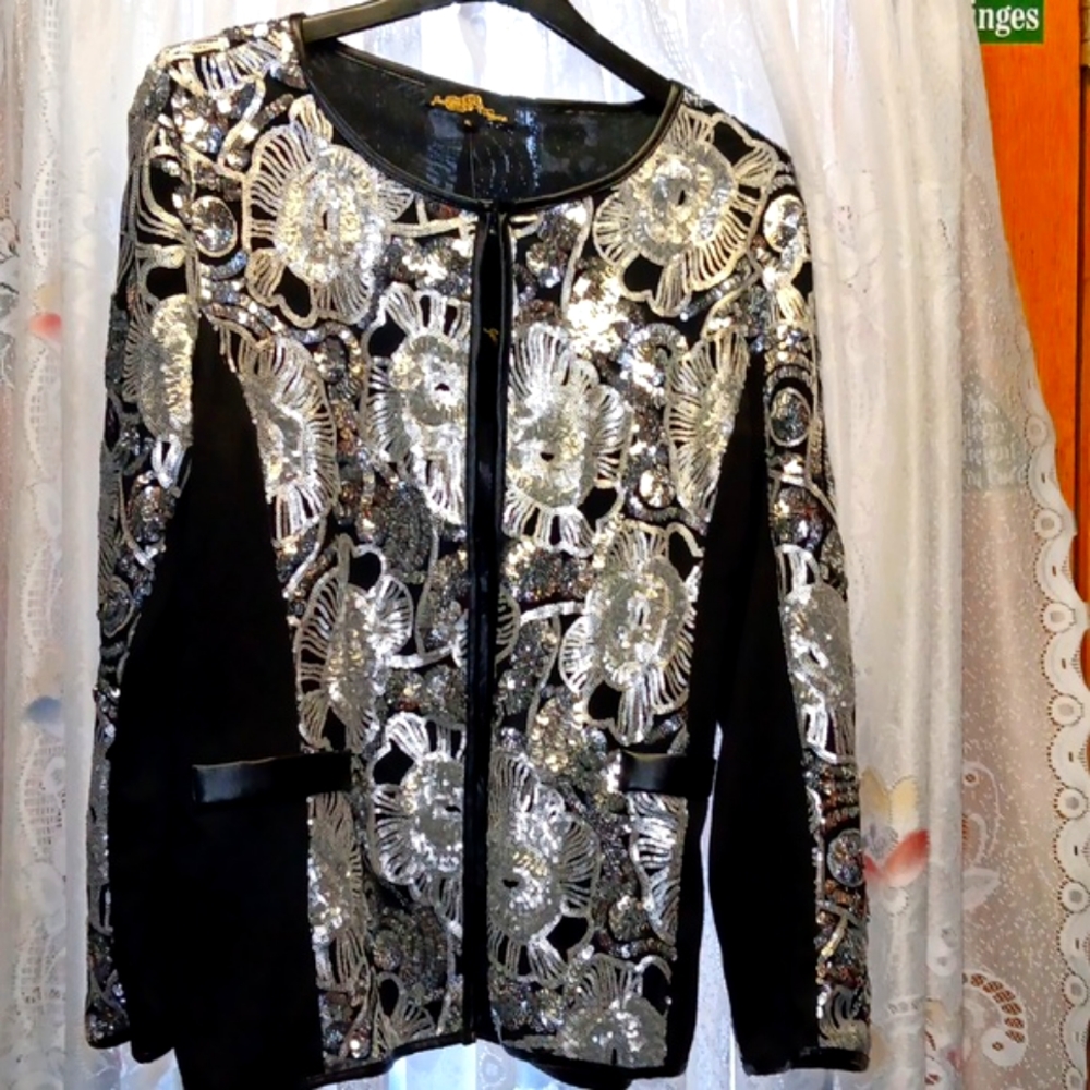 Joan Boyce Black with Silver Sequins Jacket XL
